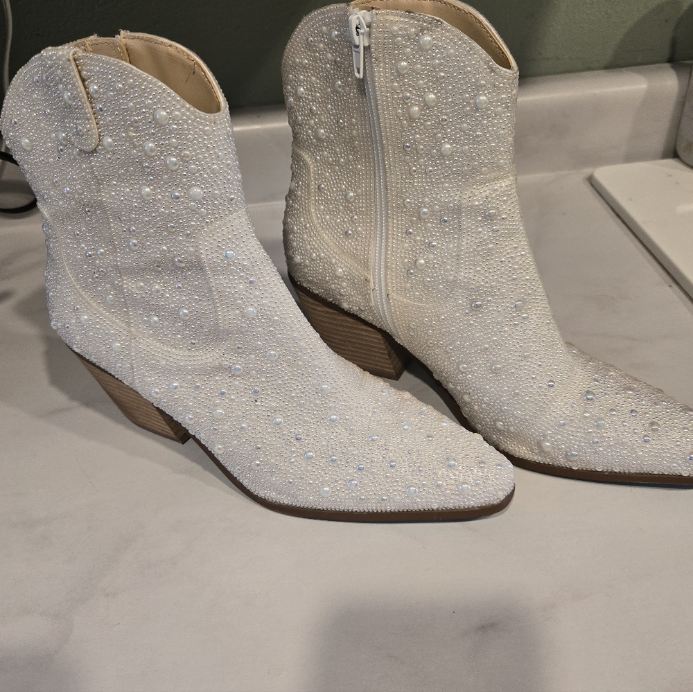 Betsey Johnson Crystal-Embellished Ankle Boots in White
